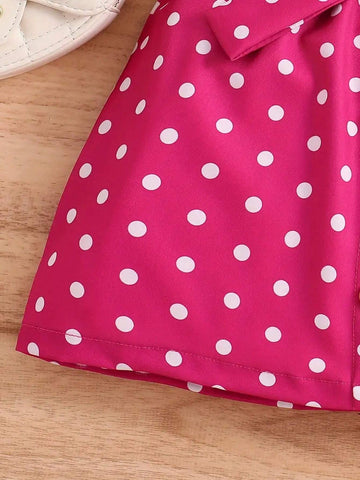 Girls' Butterfly-Sleeve Polka Dot Heart Shaped Printed Top And Buttoned Waist Belted Skirt Set, Summer Children's Clothing