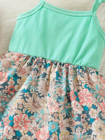 Girl's Butterfly Bow Tie Shoulder Splicing Flower Pattern Suspender Dress Party Kids Girls Summer Clothes