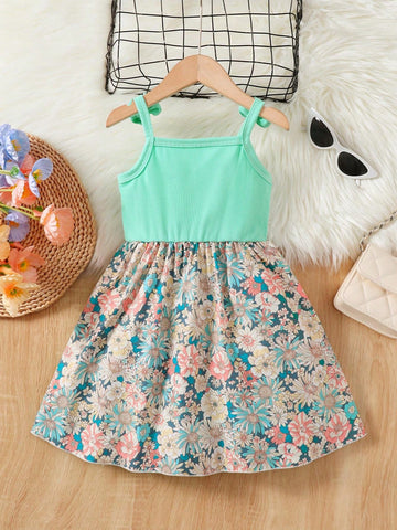 Girl's Butterfly Bow Tie Shoulder Splicing Flower Pattern Suspender Dress Party Kids Girls Summer Clothes