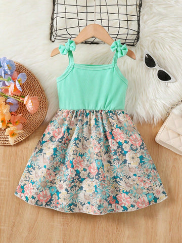 Girl's Butterfly Bow Tie Shoulder Splicing Flower Pattern Suspender Dress Party Kids Girls Summer Clothes