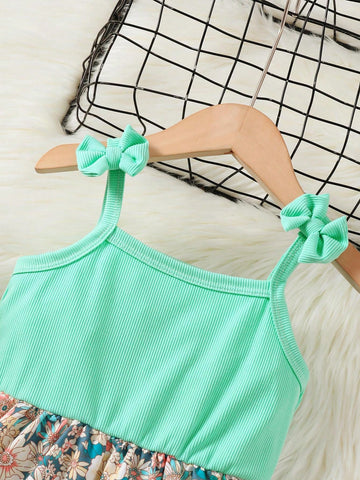 Girl's Butterfly Bow Tie Shoulder Splicing Flower Pattern Suspender Dress Party Kids Girls Summer Clothes