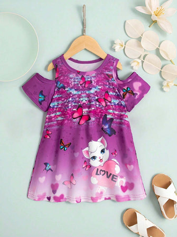 Girls' Butterfly Cute Cat Heart Shaped Faux Glitter Print Open Shoulder Dress