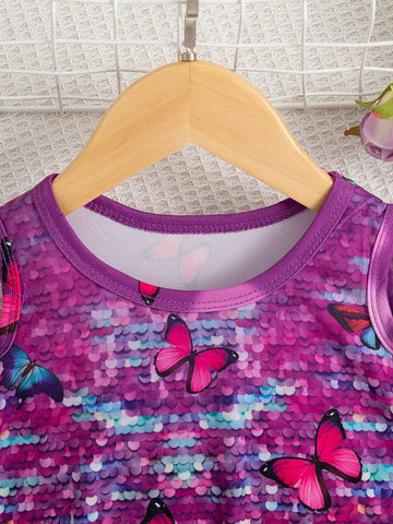Girls' Butterfly Cute Cat Heart Shaped Faux Glitter Print Open Shoulder Dress