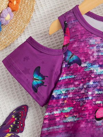 Girls' Butterfly Cute Cat Heart Shaped Faux Glitter Print Open Shoulder Dress