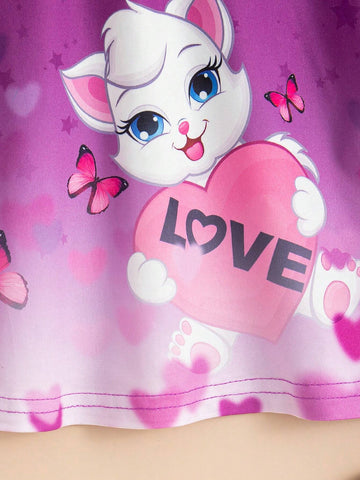 Girls' Butterfly Cute Cat Heart Shaped Faux Glitter Print Open Shoulder Dress