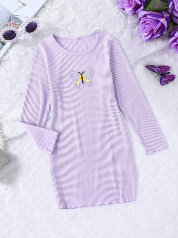 Girls Butterfly Embroidered Rib Knit Bodycon Dress, Cute And Stylish Princess Dress For Toddler Girls, Spring/Autumn