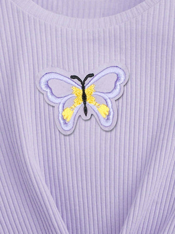 Girls Butterfly Embroidered Rib Knit Bodycon Dress, Cute And Stylish Princess Dress For Toddler Girls, Spring/Autumn