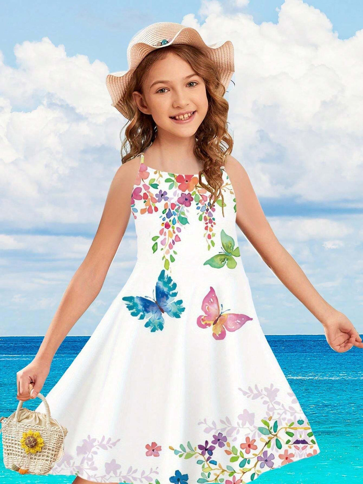 Girls Butterfly Graphic Cross Back Cami Dress Summer Clothes Beach Vacation