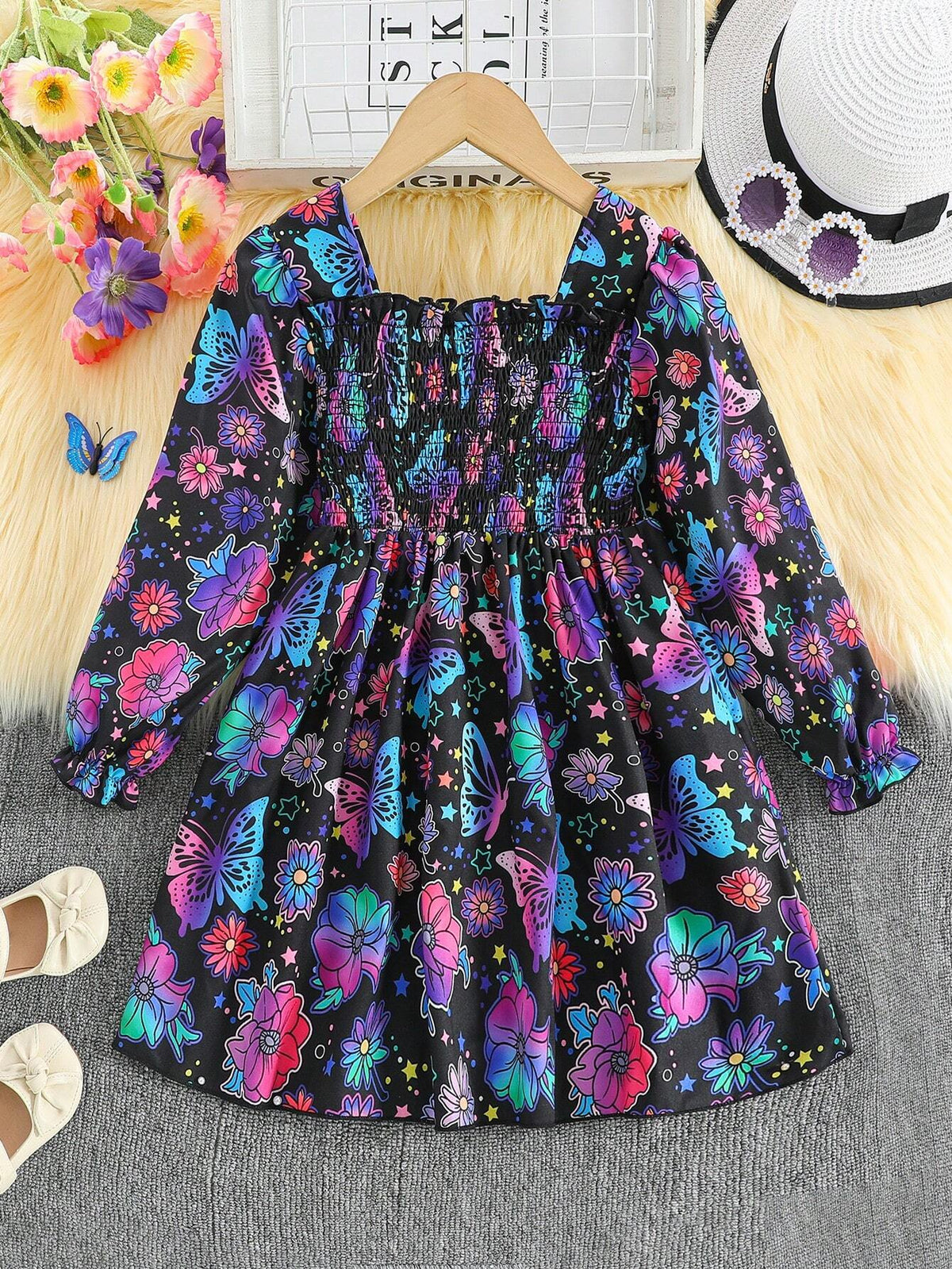 Girls' Butterfly Print Ruffled Bodycon Dress, Cute And Fashionable, Lightweight And Comfortable Outfit