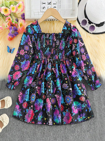 Girls' Butterfly Print Ruffled Bodycon Dress, Cute And Fashionable, Lightweight And Comfortable Outfit