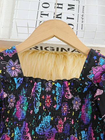 Girls' Butterfly Print Ruffled Bodycon Dress, Cute And Fashionable, Lightweight And Comfortable Outfit