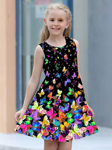 Girls Butterfly Print Sleeveless Dress Loose Fit And Comfortable Round Neck Summer Dress Kids Clothes