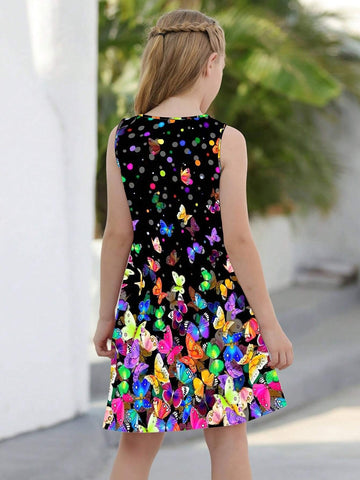 Girls Butterfly Print Sleeveless Dress Loose Fit And Comfortable Round Neck Summer Dress Kids Clothes