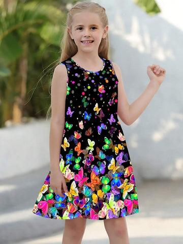 Girls Butterfly Print Sleeveless Dress Loose Fit And Comfortable Round Neck Summer Dress Kids Clothes