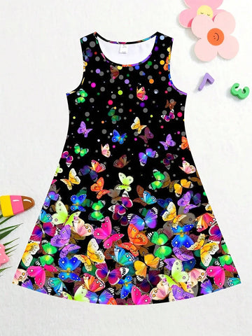 Girls Butterfly Print Sleeveless Dress Loose Fit And Comfortable Round Neck Summer Dress Kids Clothes