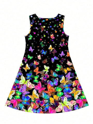 Girls Butterfly Print Sleeveless Dress Loose Fit And Comfortable Round Neck Summer Dress Kids Clothes