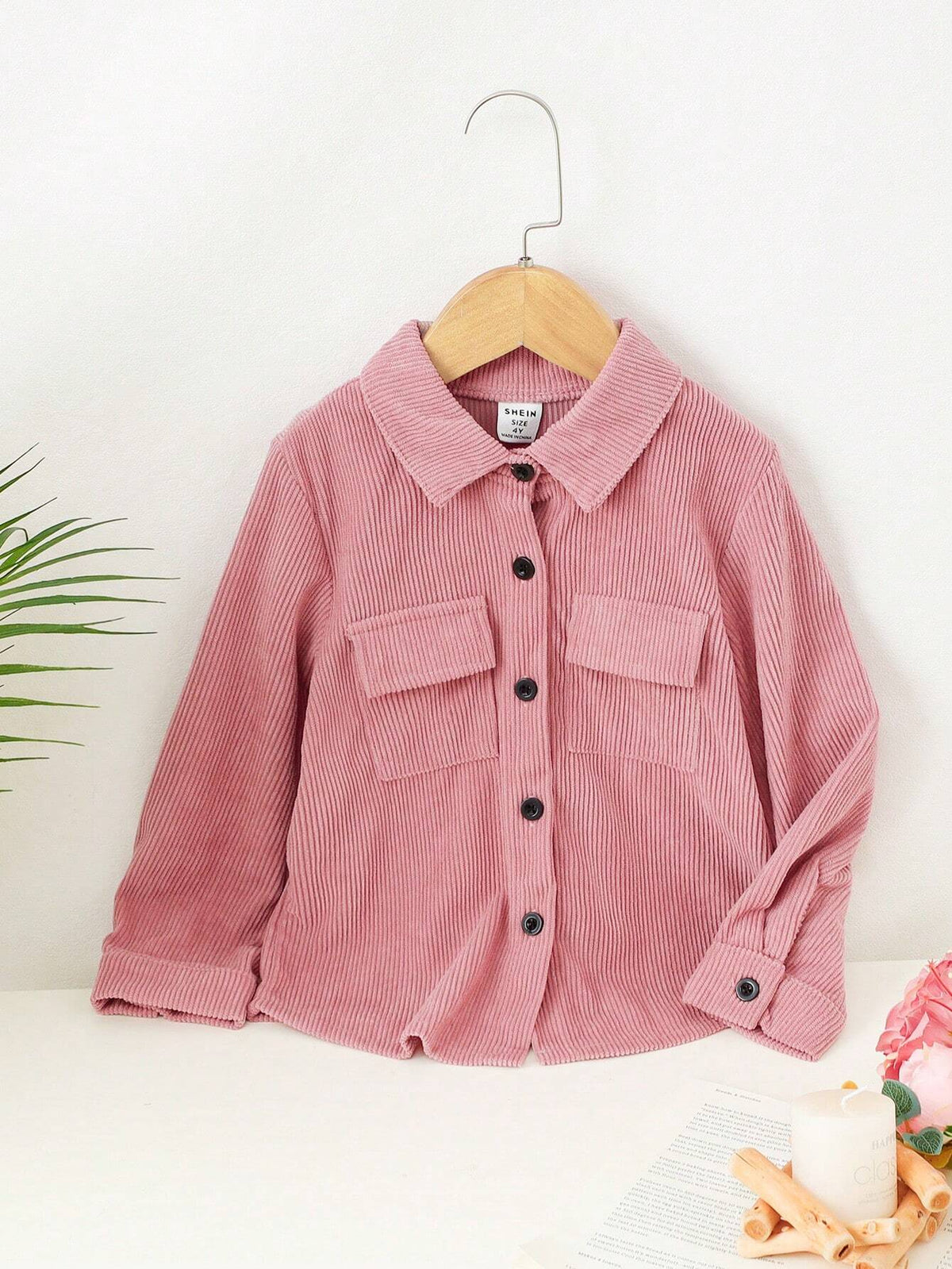Girl's Button Collar Long Sleeve Pocket Casual Shirt