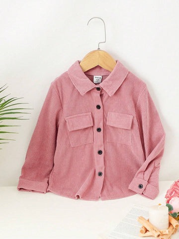 Girl's Button Collar Long Sleeve Pocket Casual Shirt