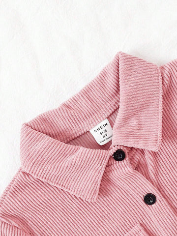 Girl's Button Collar Long Sleeve Pocket Casual Shirt