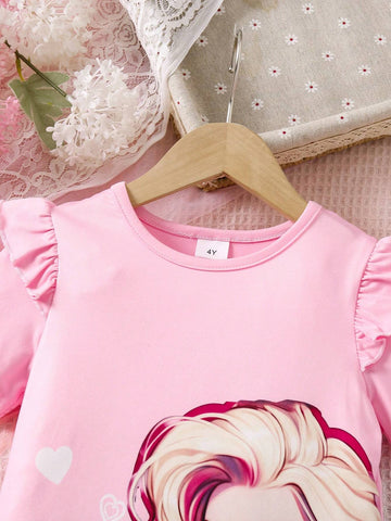 Girls" Cap Sleeve A-Line Dress With Flounce And Print, Pink Stylish Versatile Dress For Spring And Summer New