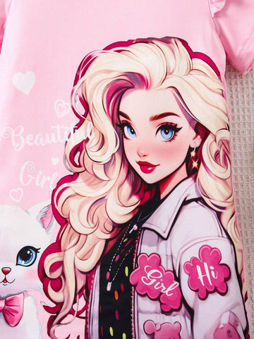Girls" Cap Sleeve A-Line Dress With Flounce And Print, Pink Stylish Versatile Dress For Spring And Summer New