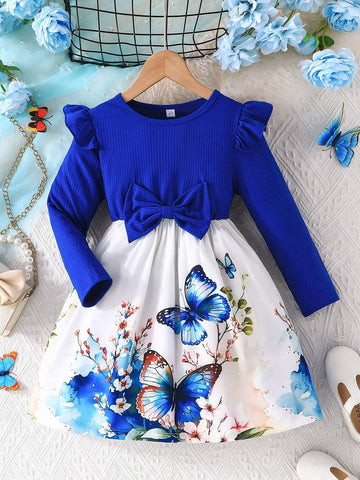 Girls Cap Sleeve Elegant Bow& Ditsy Floral Dress With Bow, Blue