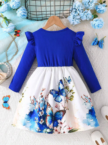 Girls Cap Sleeve Elegant Bow& Ditsy Floral Dress With Bow, Blue