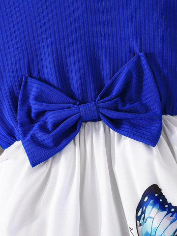 Girls Cap Sleeve Elegant Bow& Ditsy Floral Dress With Bow, Blue