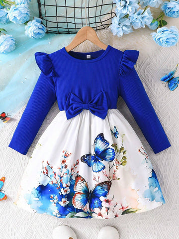 Girls Cap Sleeve Elegant Bow& Ditsy Floral Dress With Bow, Blue