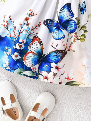 Girls Cap Sleeve Elegant Bow& Ditsy Floral Dress With Bow, Blue