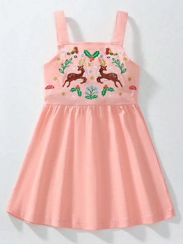 Girls' Cap Sleeve Festival Dress With Square Neck, Cartoon Animal Print, Casual, Comfortable, European And American Style, Fashionable Beach Princess Dress For Summer
