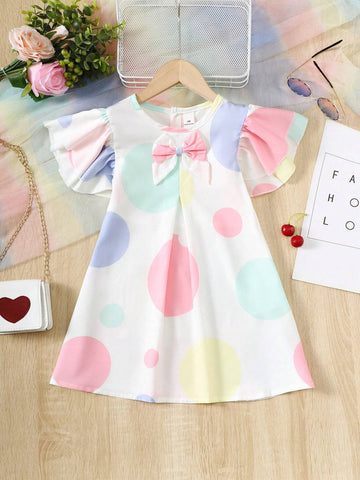 Girls' Cap Sleeve Polka Dot Dress, Sweet Princess Style With Flutter Sleeves, Simple And Cool For Summer