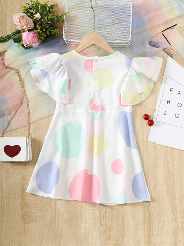 Girls' Cap Sleeve Polka Dot Dress, Sweet Princess Style With Flutter Sleeves, Simple And Cool For Summer
