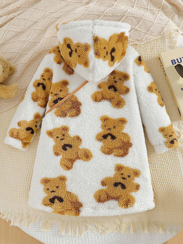 Girls Cartoon Bear Plush Long Sleeve Dress + Crossbody Bag, Autumn/Winter