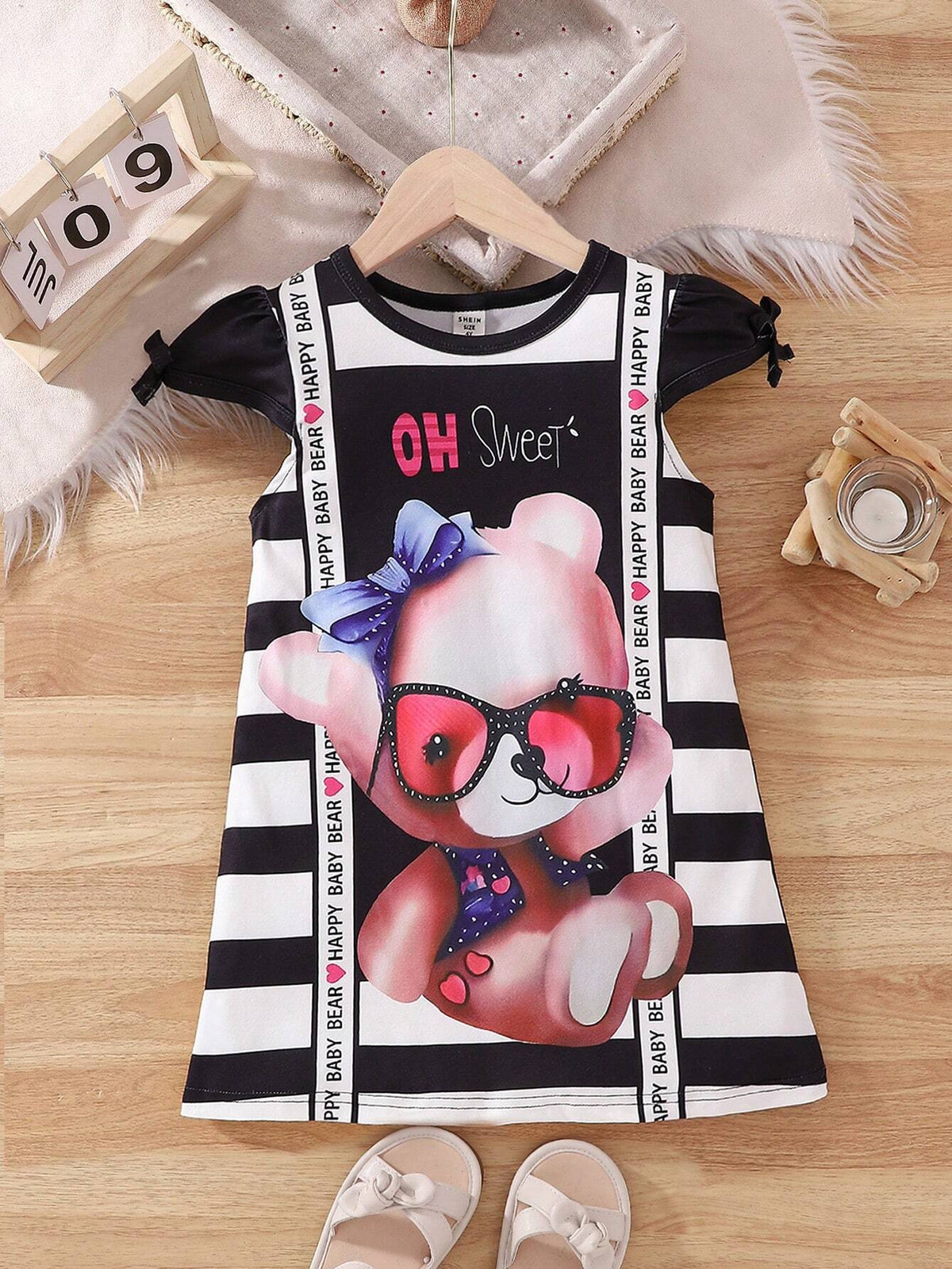 Girls' Cartoon Bear Printed T-Shirt Dress With Bow Decoration Short Sleeve Casual Summer Dress