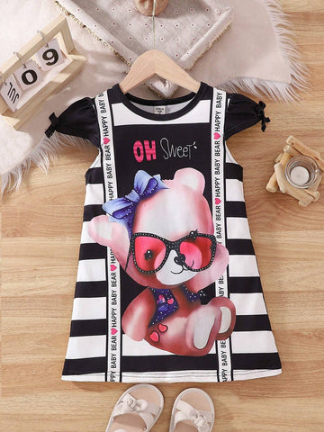 Girls' Cartoon Bear Printed T-Shirt Dress With Bow Decoration Short Sleeve Casual Summer Dress