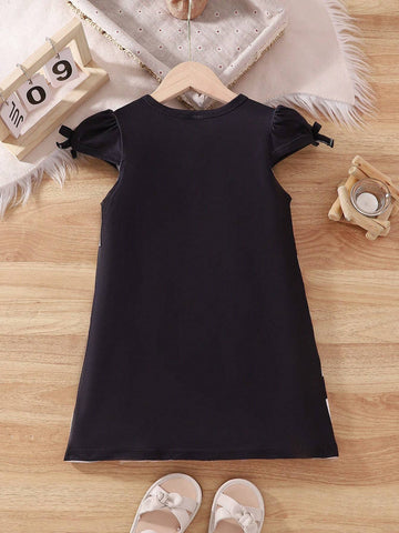 Girls' Cartoon Bear Printed T-Shirt Dress With Bow Decoration Short Sleeve Casual Summer Dress