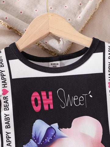 Girls' Cartoon Bear Printed T-Shirt Dress With Bow Decoration Short Sleeve Casual Summer Dress