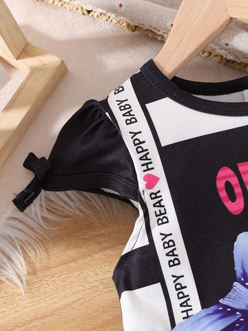 Girls' Cartoon Bear Printed T-Shirt Dress With Bow Decoration Short Sleeve Casual Summer Dress