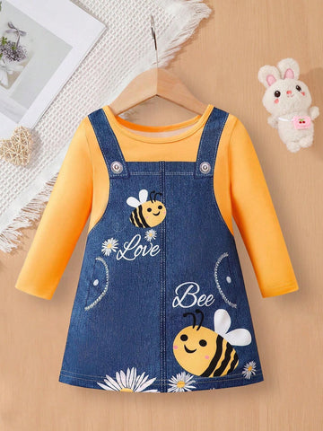 Girls Cartoon Bee Design Princess Dress Spring Autumn, New Arrival Medium & Small Children Fashion 2 In 1 Dress