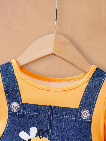 Girls Cartoon Bee Design Princess Dress Spring Autumn, New Arrival Medium & Small Children Fashion 2 In 1 Dress