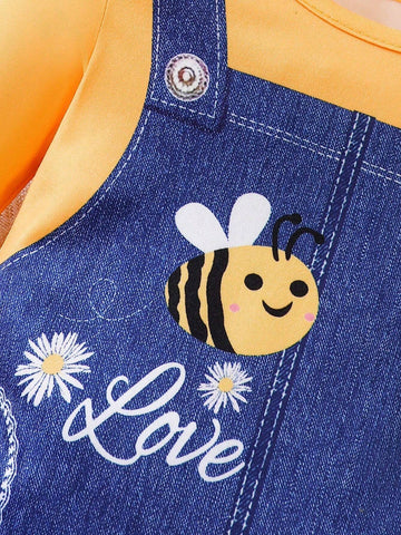 Girls Cartoon Bee Design Princess Dress Spring Autumn, New Arrival Medium & Small Children Fashion 2 In 1 Dress