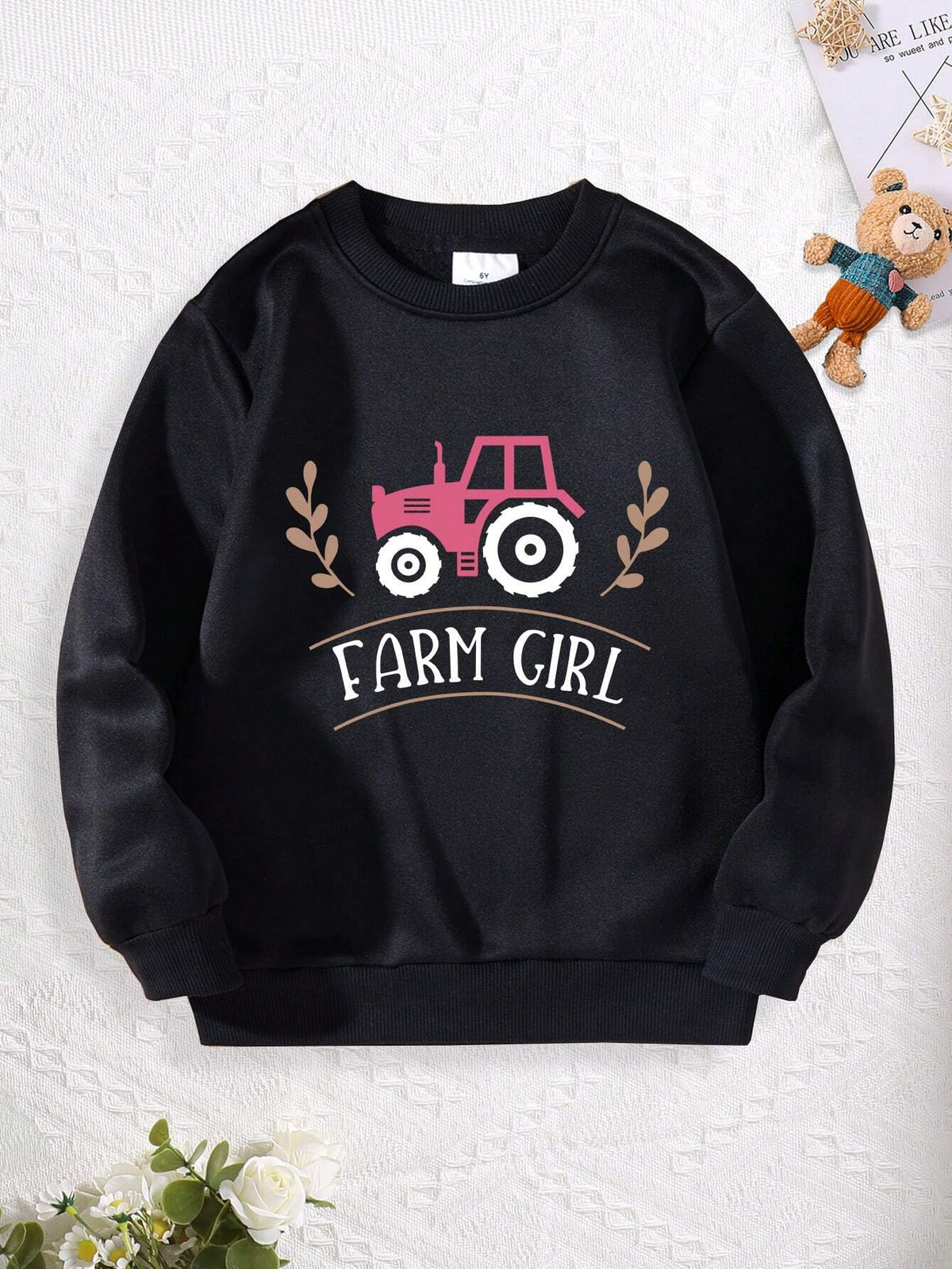 Girls' Cartoon Car & Letter Graphic Round Neck Sweatshirt With Warm Lining