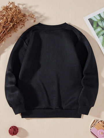 Girls' Cartoon Car & Letter Graphic Round Neck Sweatshirt With Warm Lining