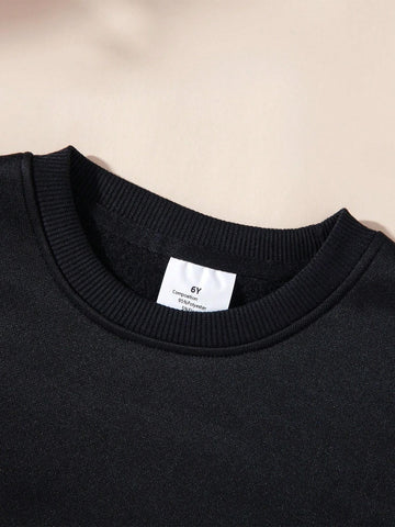 Girls' Cartoon Car & Letter Graphic Round Neck Sweatshirt With Warm Lining