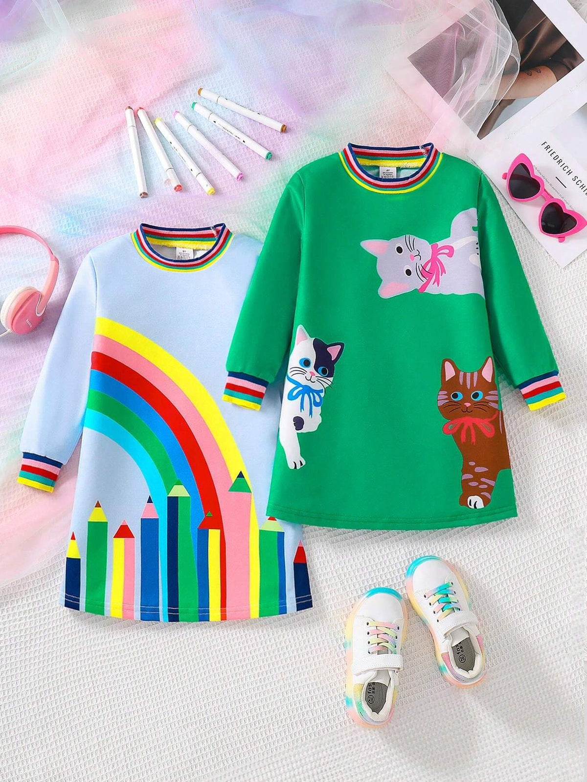 Girls Cartoon Cat & Pencil Pattern Round Neck Long Sleeve Dress, Trendy & Versatile For Autumn