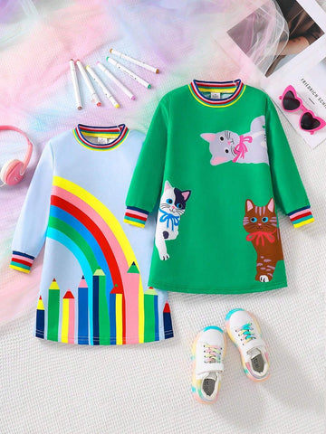 Girls Cartoon Cat & Pencil Pattern Round Neck Long Sleeve Dress, Trendy & Versatile For Autumn