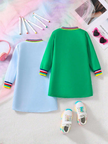 Girls Cartoon Cat & Pencil Pattern Round Neck Long Sleeve Dress, Trendy & Versatile For Autumn