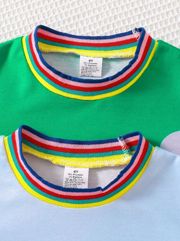 Girls Cartoon Cat & Pencil Pattern Round Neck Long Sleeve Dress, Trendy & Versatile For Autumn