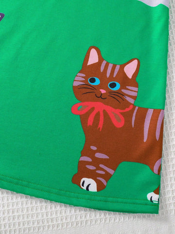 Girls Cartoon Cat & Pencil Pattern Round Neck Long Sleeve Dress, Trendy & Versatile For Autumn